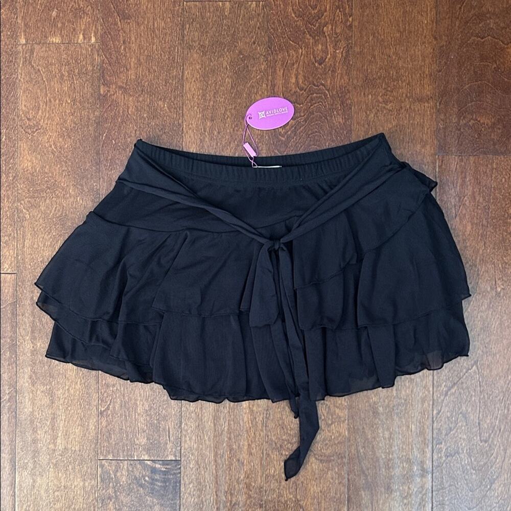 Avidlove Black Tiered Ruffle Micro Mini Skirt with Waist Tie, Size XL, NWT